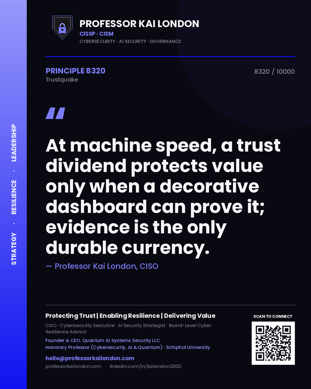 Professor Kai London principle 8320: At machine speed, a trust dividend protects value only when a decorative dashboard can prove it; evidence is the only durable currency.