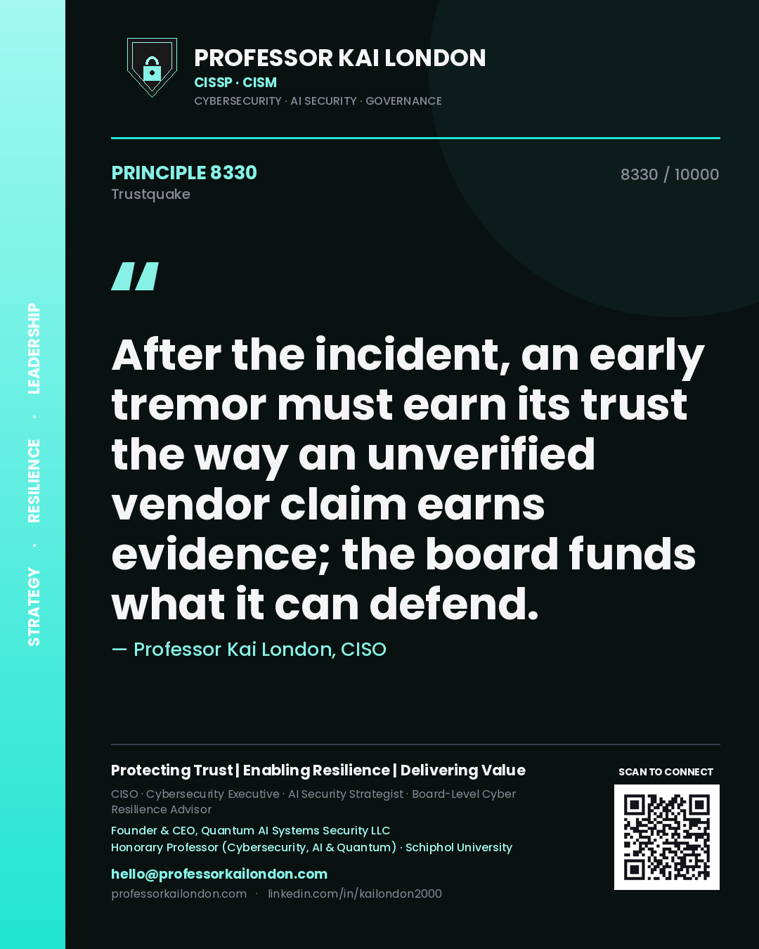 Professor Kai London principle 8330: After the incident, an early tremor must earn its trust the way an unverified vendor claim earns evidence; the board funds what it can defend.