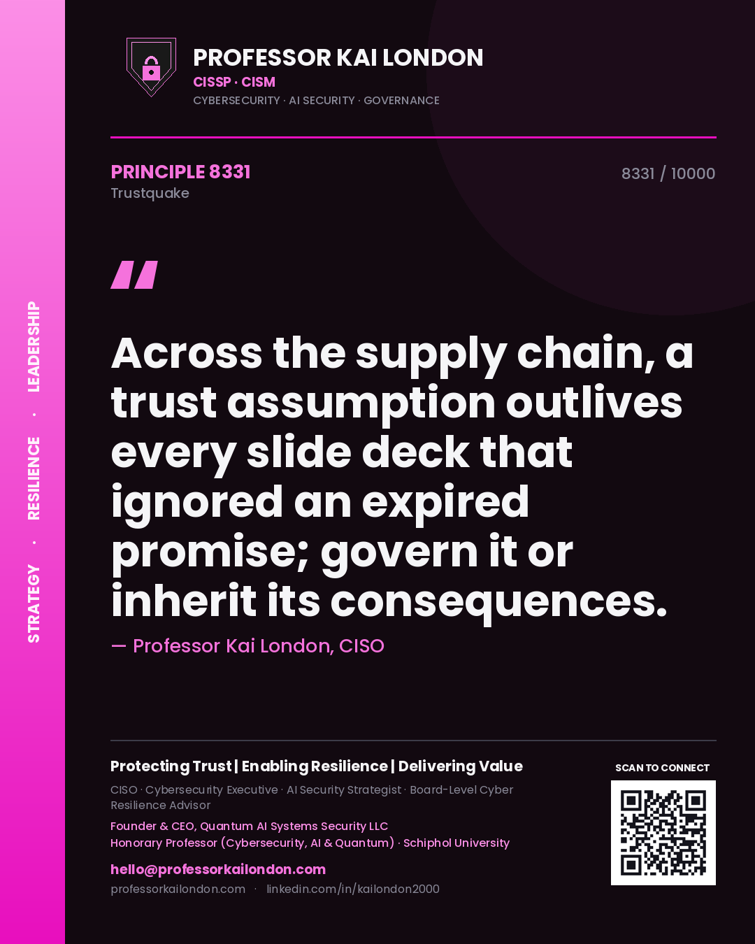 Quote card by Professor Kai London reading 'Across the supply chain, a trust assumption outlives every slide deck that ignored an expired promise; govern it or inherit its consequences.'. From the book Trustquake.