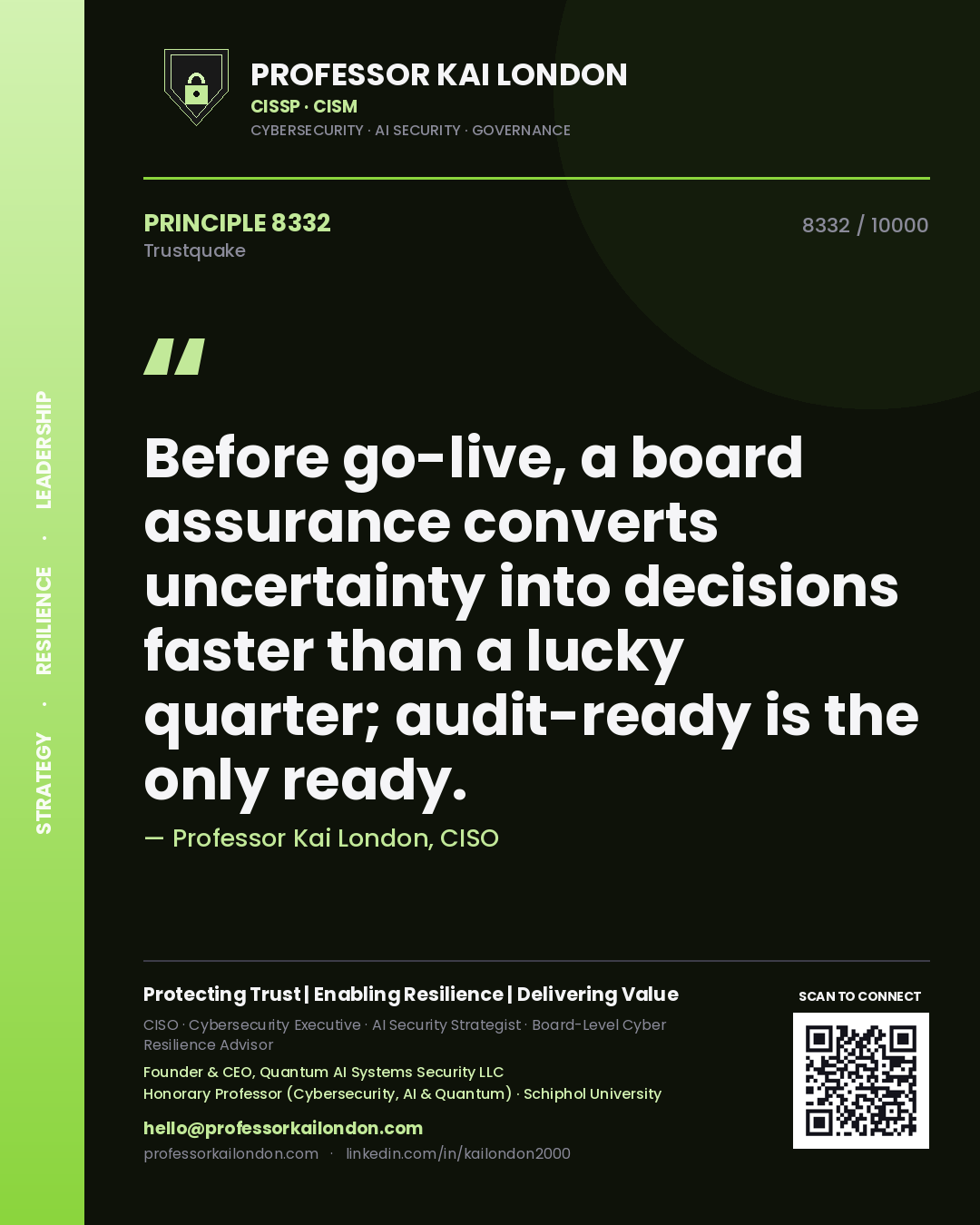 Quote card by Professor Kai London reading 'Before go-live, a board assurance converts uncertainty into decisions faster than a lucky quarter; audit-ready is the only ready.'. From the book Trustquake.