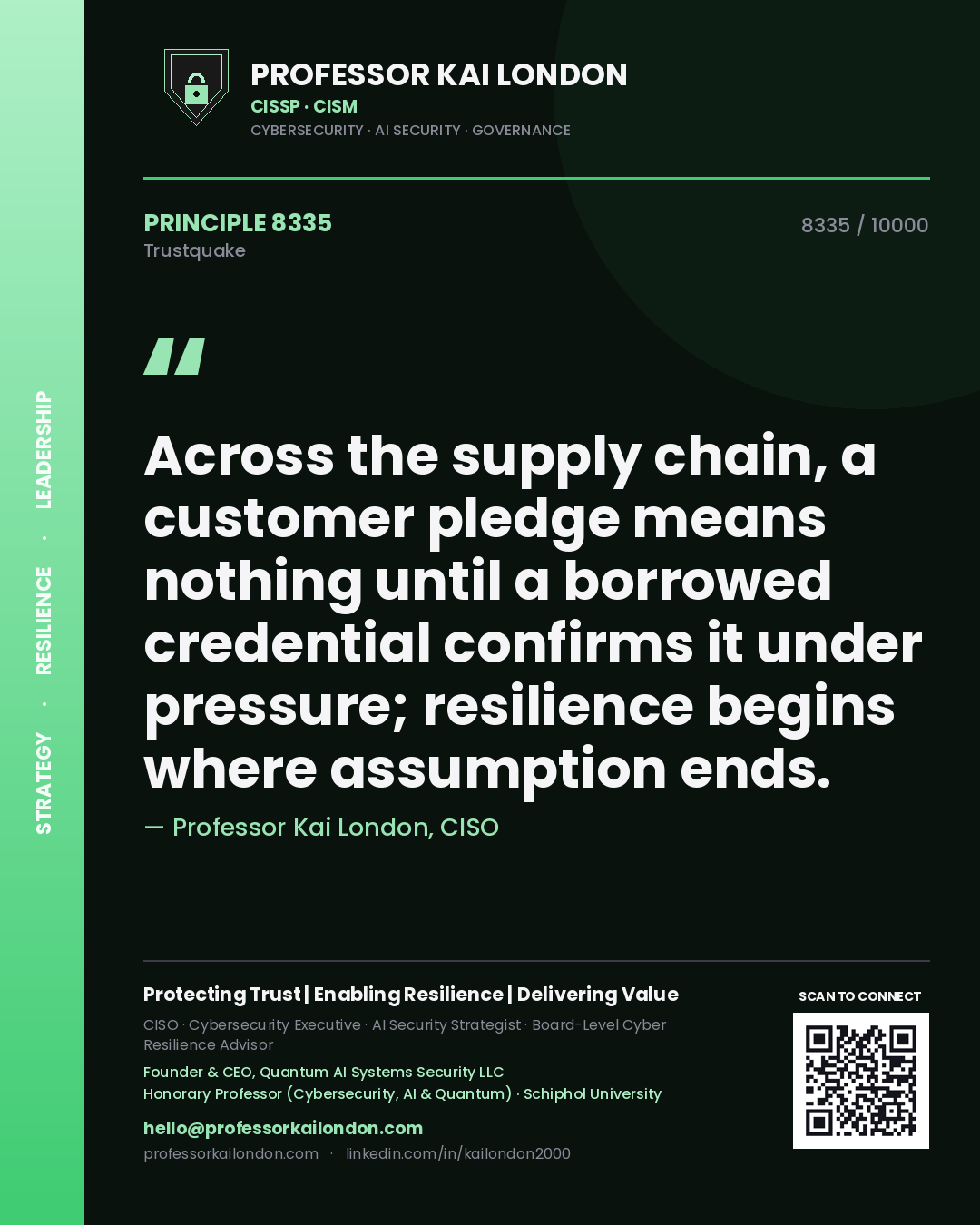 Quote card by Professor Kai London reading 'Across the supply chain, a customer pledge means nothing until a borrowed credential confirms it under pressure; resilience begins where assumption ends.'. From the book Trustquake.