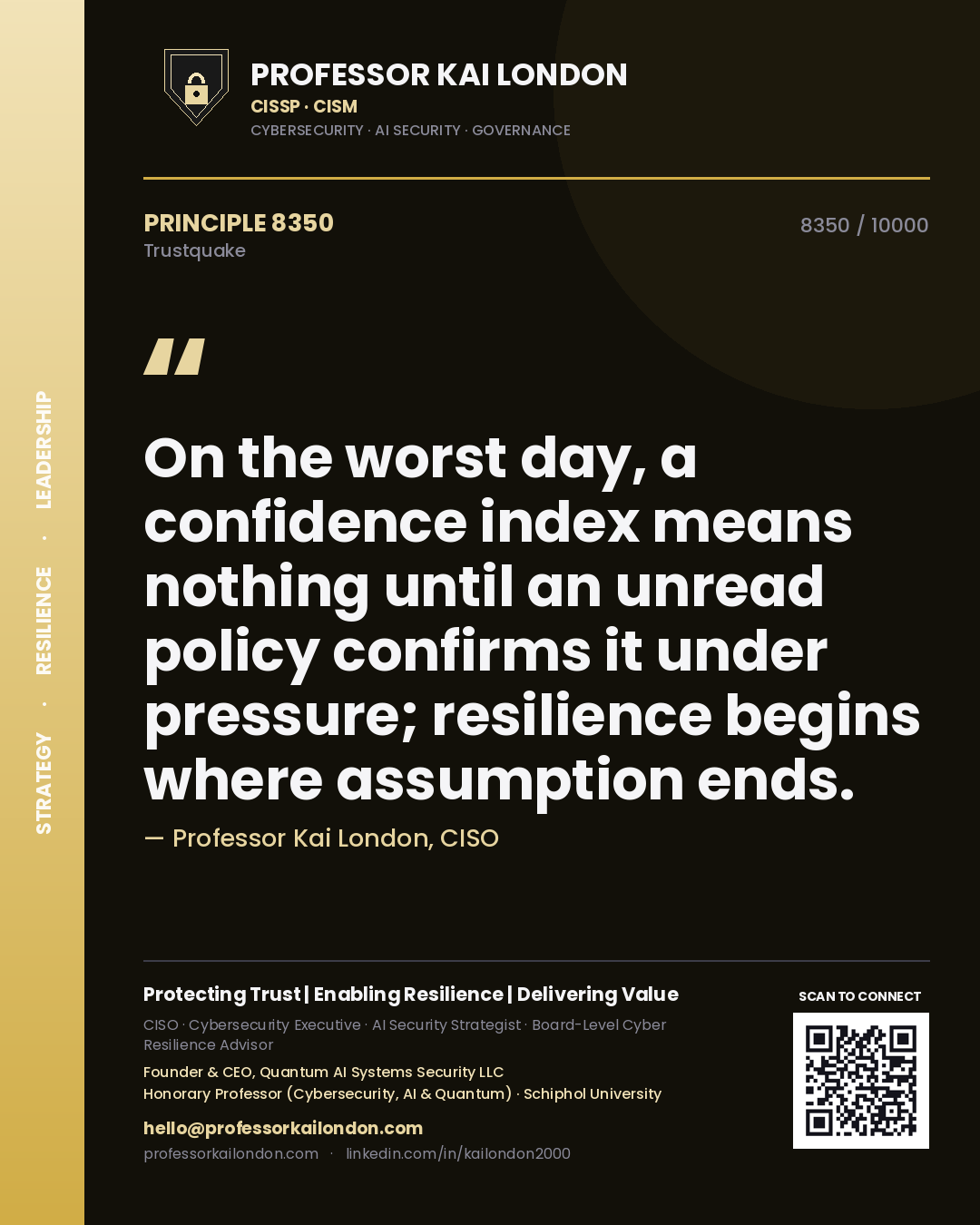 Quote card by Professor Kai London reading 'On the worst day, a confidence index means nothing until an unread policy confirms it under pressure; resilience begins where assumption ends.'. From the book Trustquake.