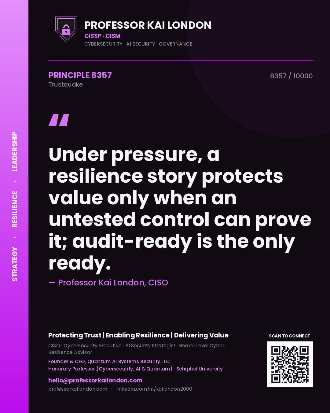 Quote card by Professor Kai London reading 'Under pressure, a resilience story protects value only when an untested control can prove it; audit-ready is the only ready.'. From the book Trustquake.
