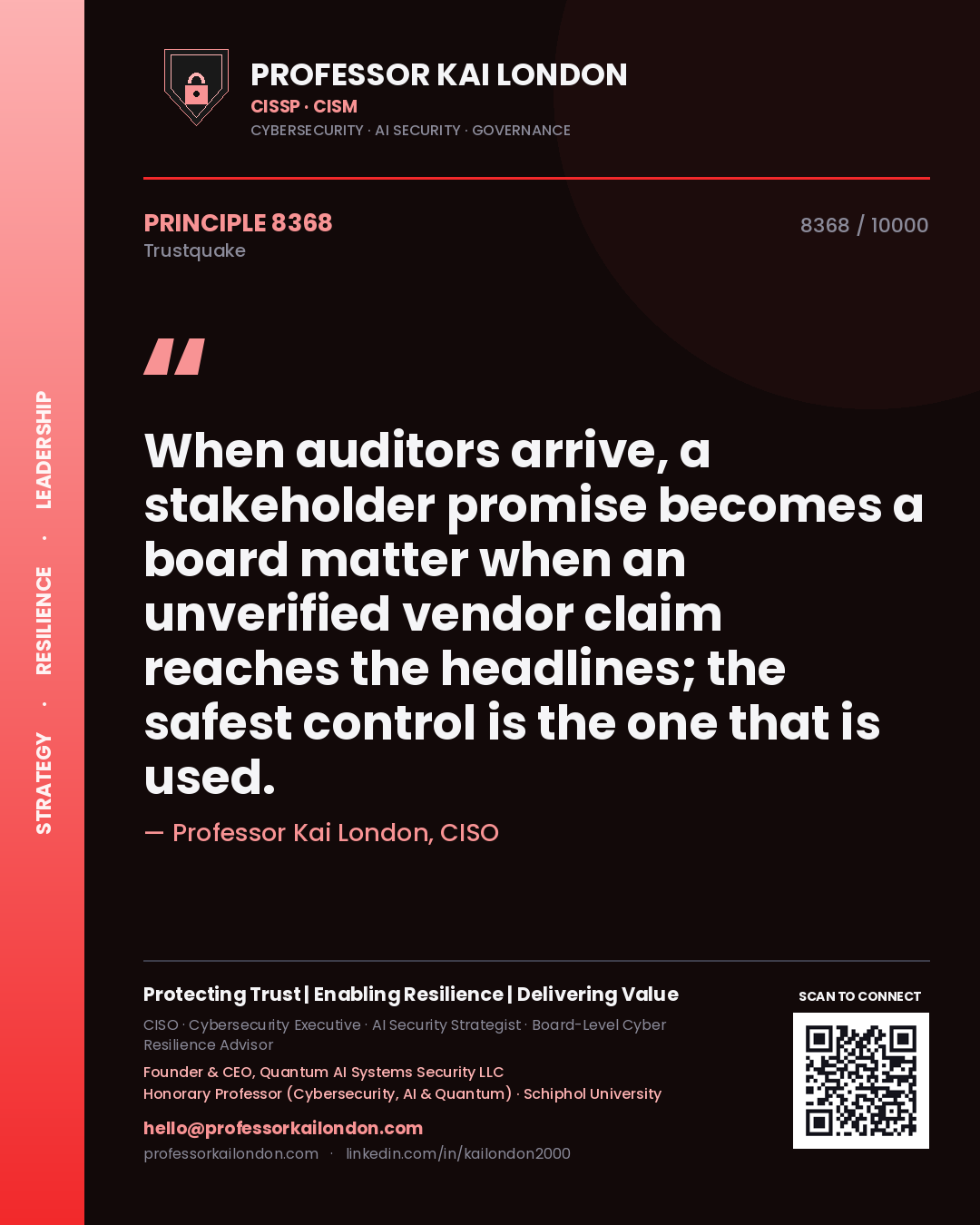 Professor Kai London principle 8368: When auditors arrive, a stakeholder promise becomes a board matter when an unverified vendor claim reaches the headlines; the safest control is the one that is used.