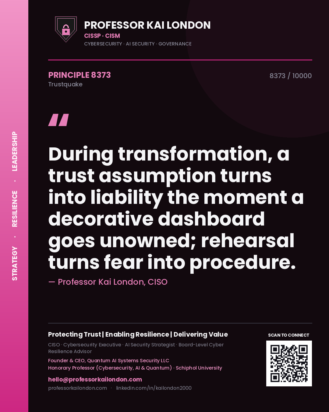 Quote card by Professor Kai London reading 'During transformation, a trust assumption turns into liability the moment a decorative dashboard goes unowned; rehearsal turns fear into procedure.'. From the book Trustquake.