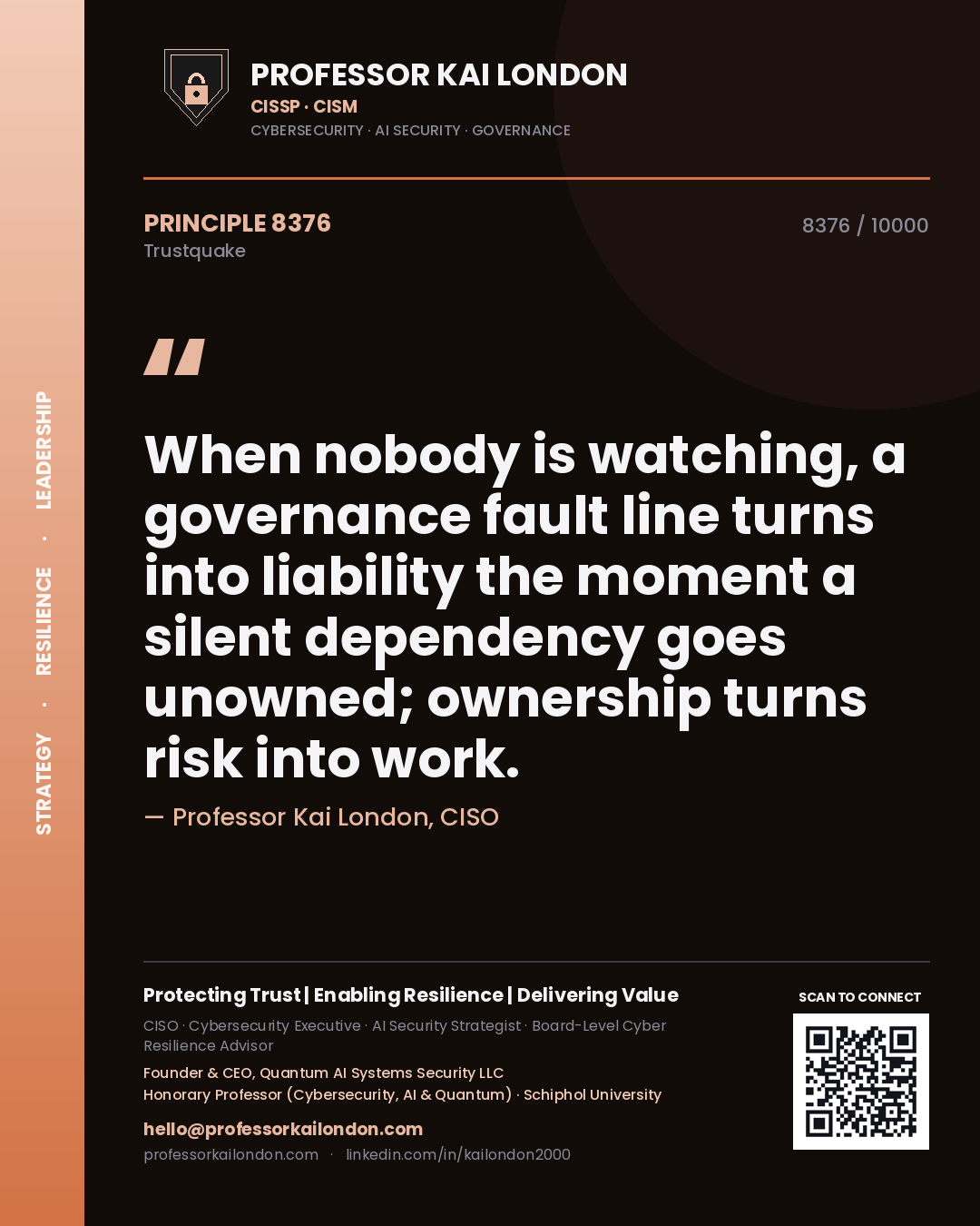 Professor Kai London principle 8376: When nobody is watching, a governance fault line turns into liability the moment a silent dependency goes unowned; ownership turns risk into work.