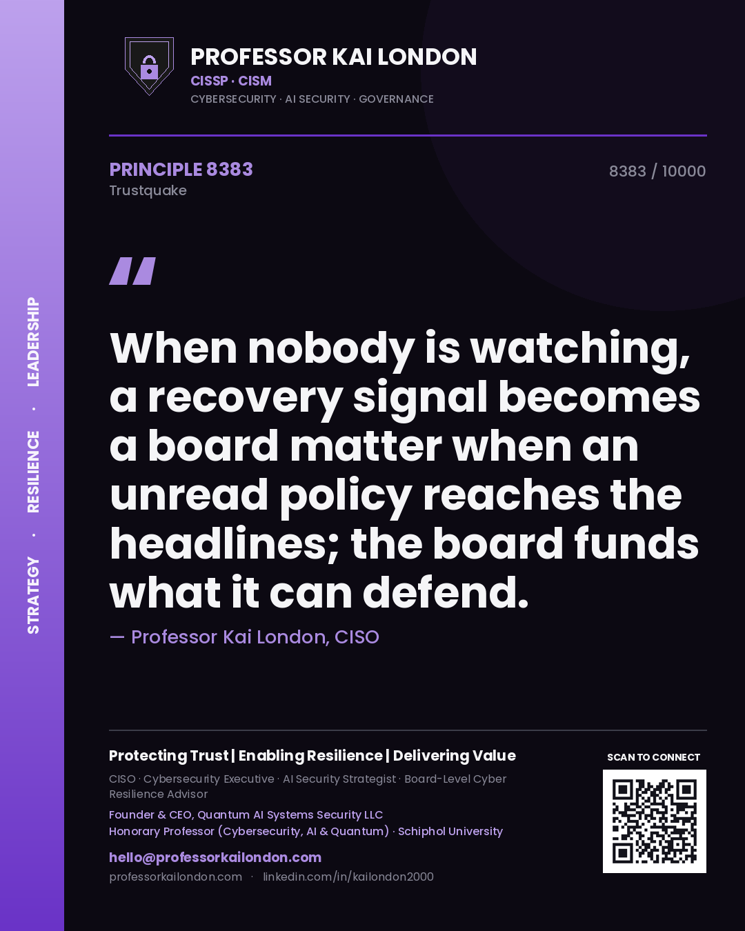 Professor Kai London principle 8383: When nobody is watching, a recovery signal becomes a board matter when an unread policy reaches the headlines; the board funds what it can defend.
