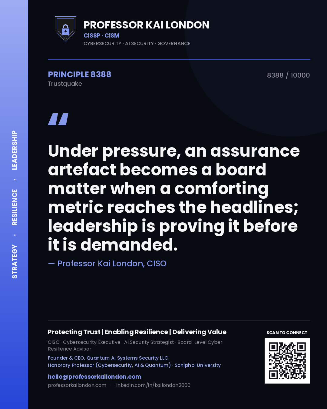 Professor Kai London principle 8388: Under pressure, an assurance artefact becomes a board matter when a comforting metric reaches the headlines; leadership is proving it before it is demanded.