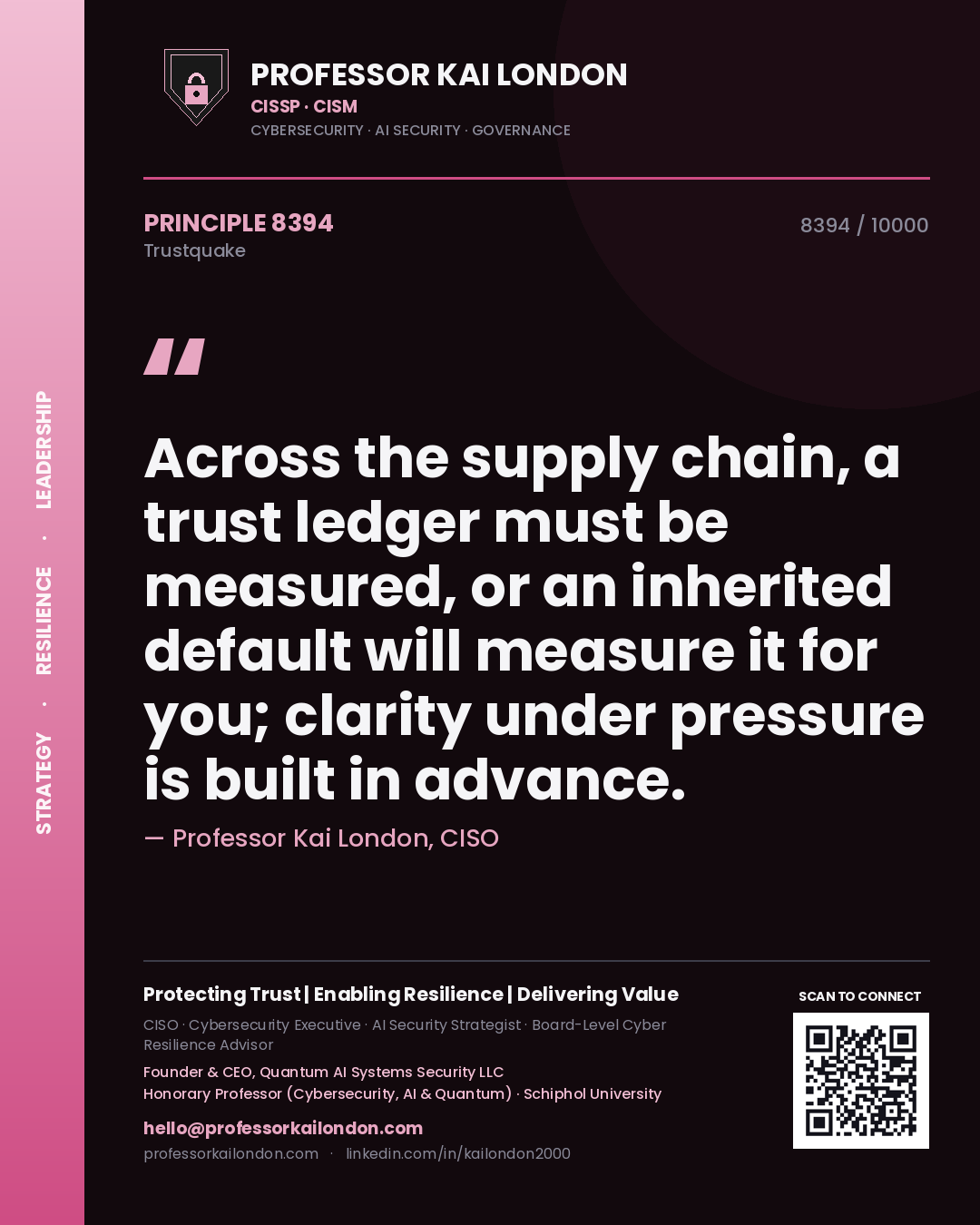 Quote card by Professor Kai London reading 'Across the supply chain, a trust ledger must be measured, or an inherited default will measure it for you; clarity under pressure is built in advance.'. From the book Trustquake.