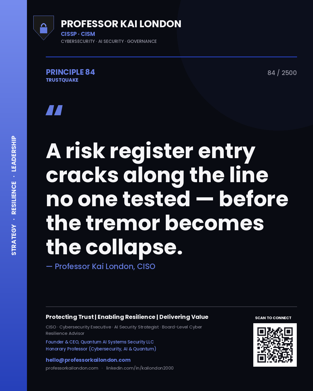 Quote card by Professor Kai London reading 'A risk register entry cracks along the line no one tested — before the tremor becomes the collapse.'. From the book Trustquake.