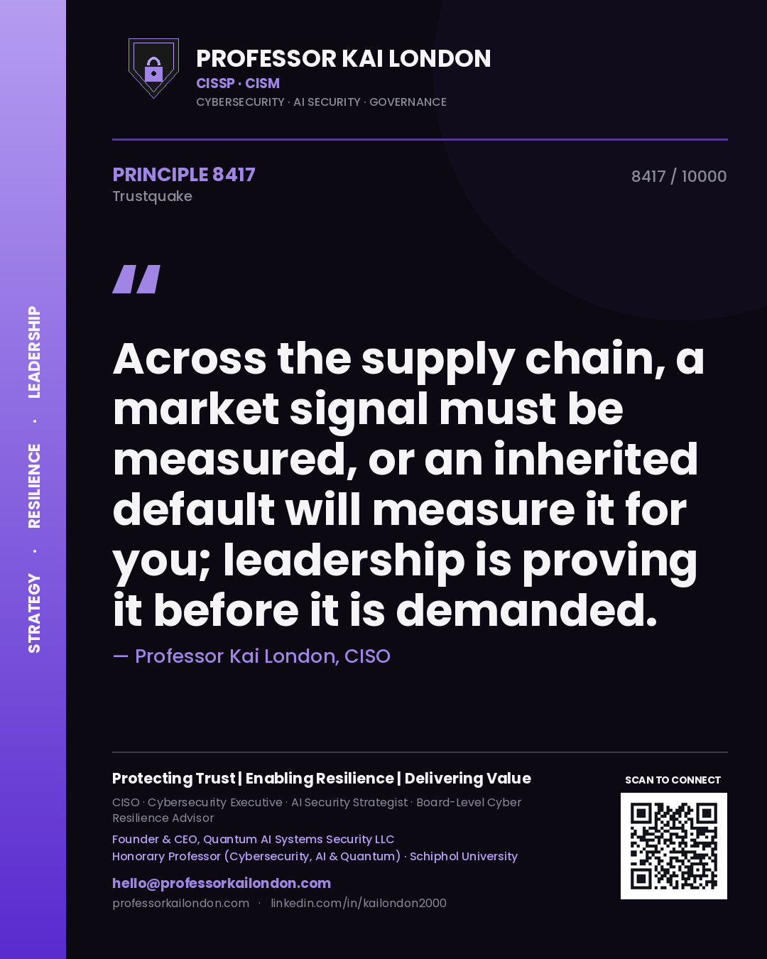 Quote card by Professor Kai London reading 'Across the supply chain, a market signal must be measured, or an inherited default will measure it for you; leadership is proving it before it is demanded.'. From the book Trustquake.