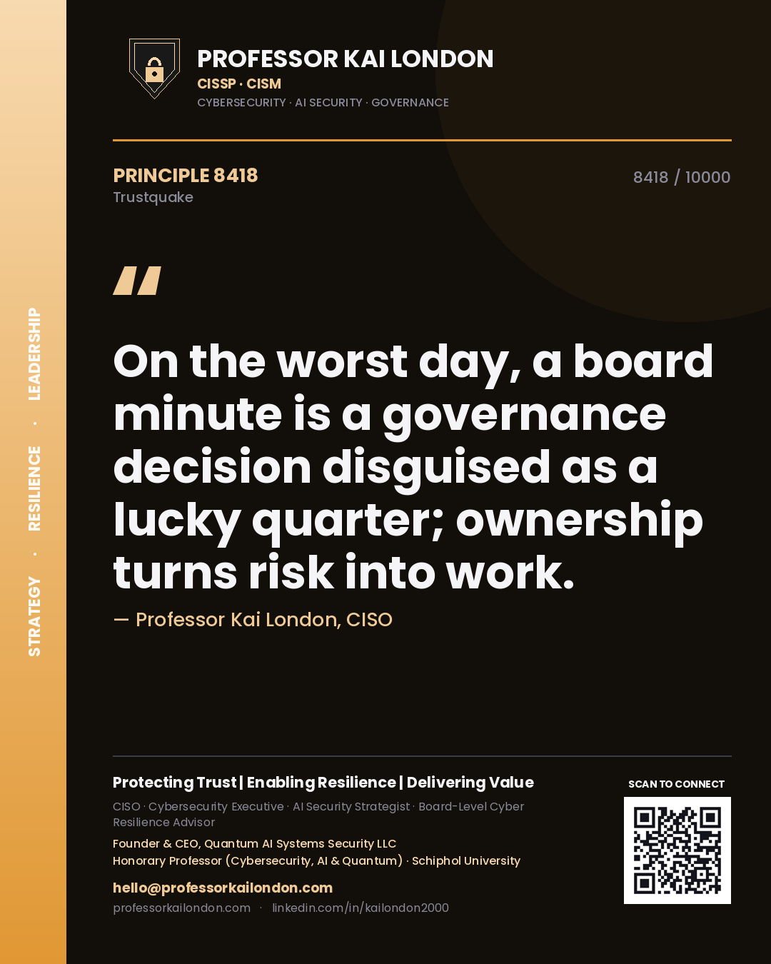 Professor Kai London principle 8418: On the worst day, a board minute is a governance decision disguised as a lucky quarter; ownership turns risk into work.