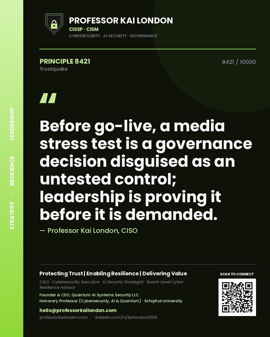 Quote card by Professor Kai London reading 'Before go-live, a media stress test is a governance decision disguised as an untested control; leadership is proving it before it is demanded.'. From the book Trustquake.