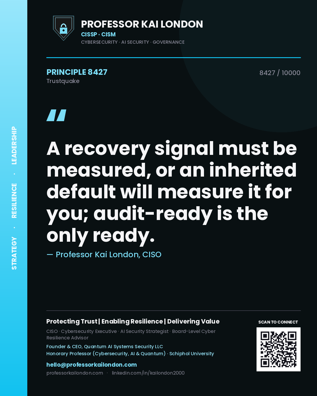 Quote card by Professor Kai London reading 'A recovery signal must be measured, or an inherited default will measure it for you; audit-ready is the only ready.'. From the book Trustquake.