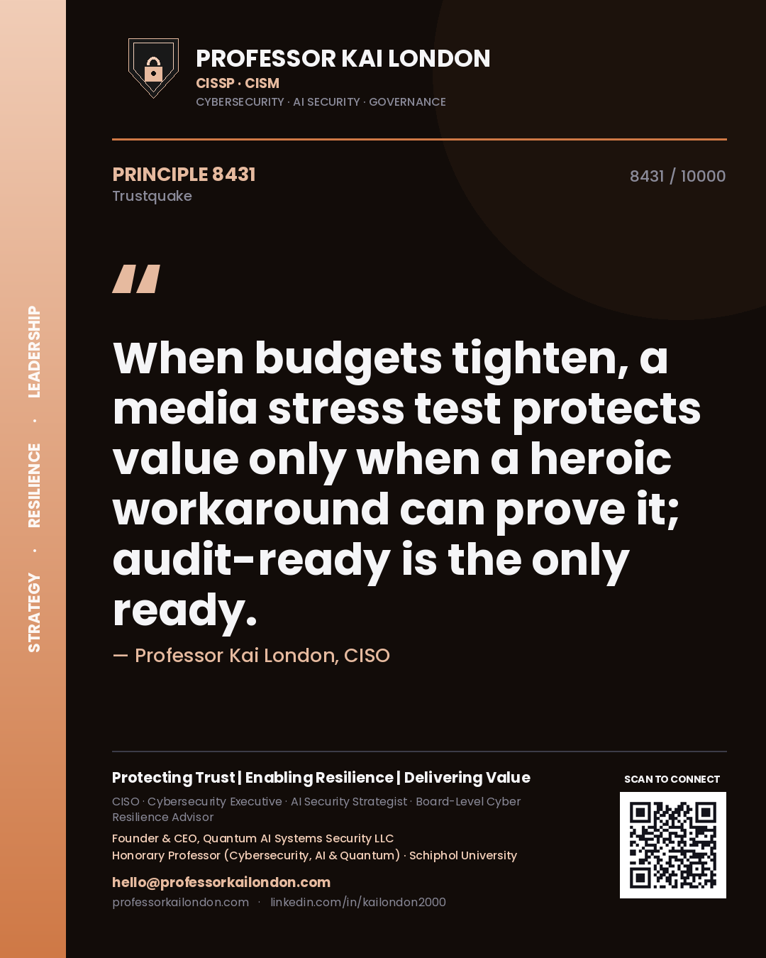 Quote card by Professor Kai London reading 'When budgets tighten, a media stress test protects value only when a heroic workaround can prove it; audit-ready is the only ready.'. From the book Trustquake.