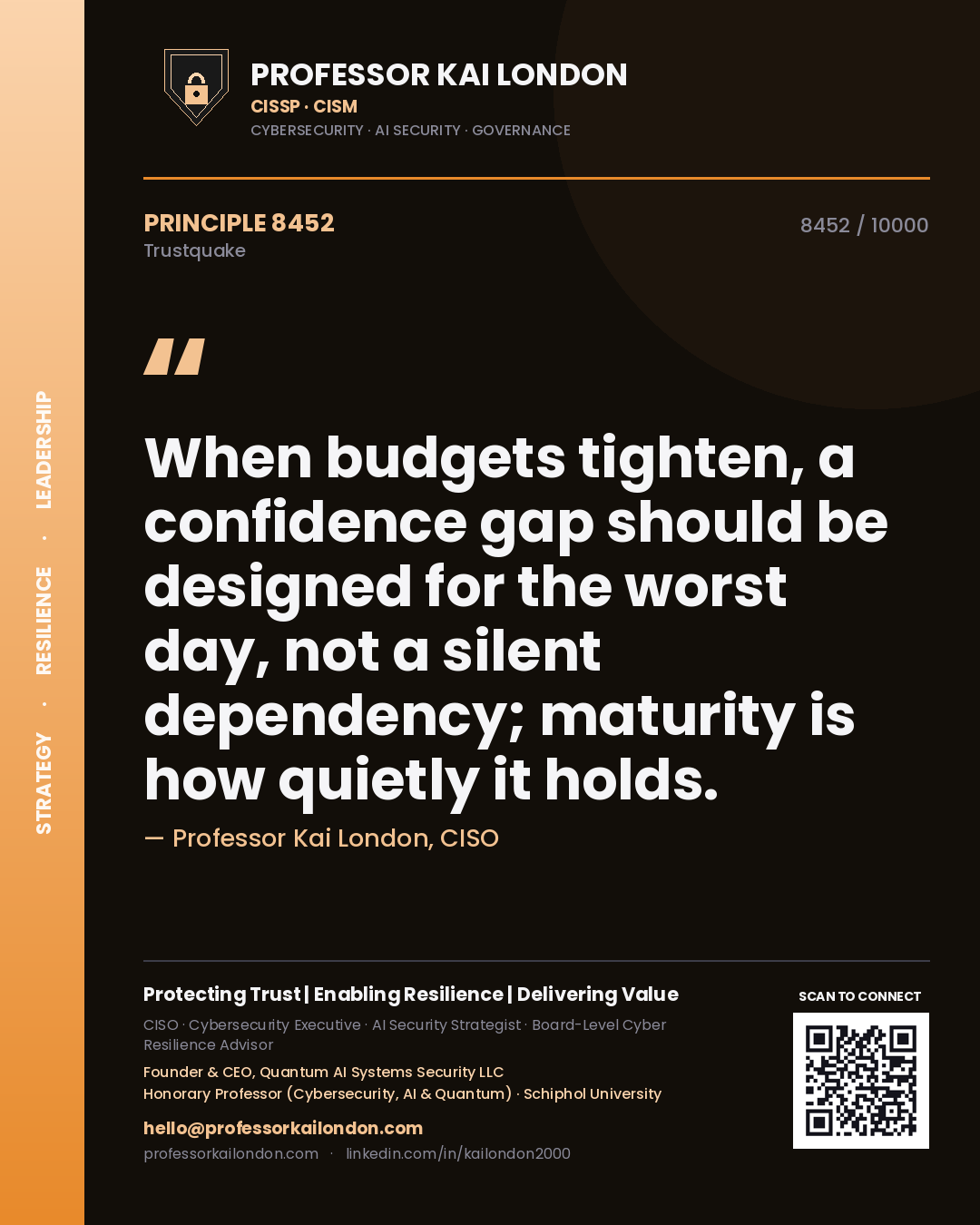 Professor Kai London principle 8452: When budgets tighten, a confidence gap should be designed for the worst day, not a silent dependency; maturity is how quietly it holds.