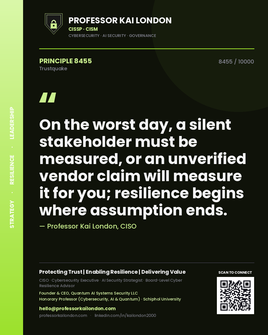 Professor Kai London principle 8455: On the worst day, a silent stakeholder must be measured, or an unverified vendor claim will measure it for you; resilience begins where assumption ends.