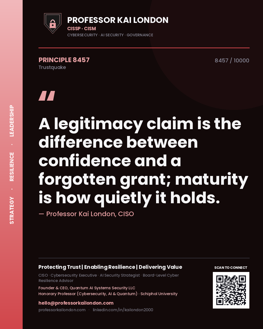 Quote card by Professor Kai London reading 'A legitimacy claim is the difference between confidence and a forgotten grant; maturity is how quietly it holds.'. From the book Trustquake.