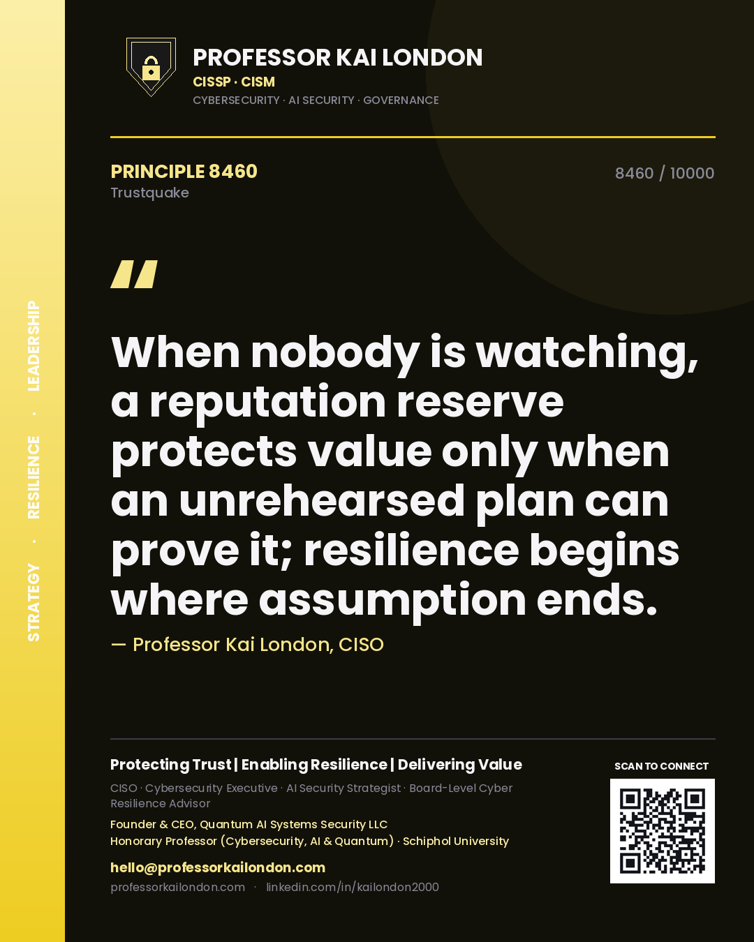 Professor Kai London principle 8460: When nobody is watching, a reputation reserve protects value only when an unrehearsed plan can prove it; resilience begins where assumption ends.