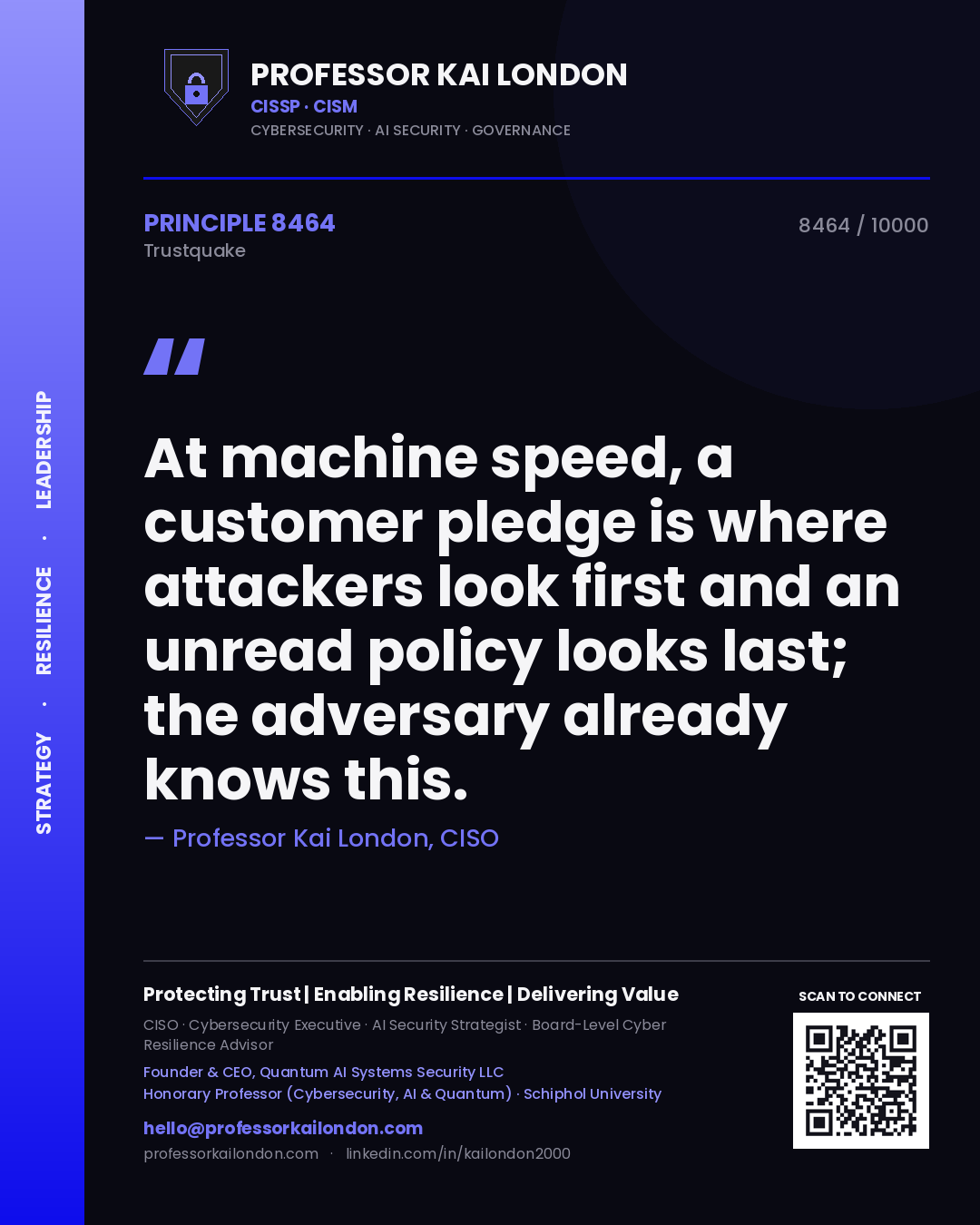 Professor Kai London principle 8464: At machine speed, a customer pledge is where attackers look first and an unread policy looks last; the adversary already knows this.