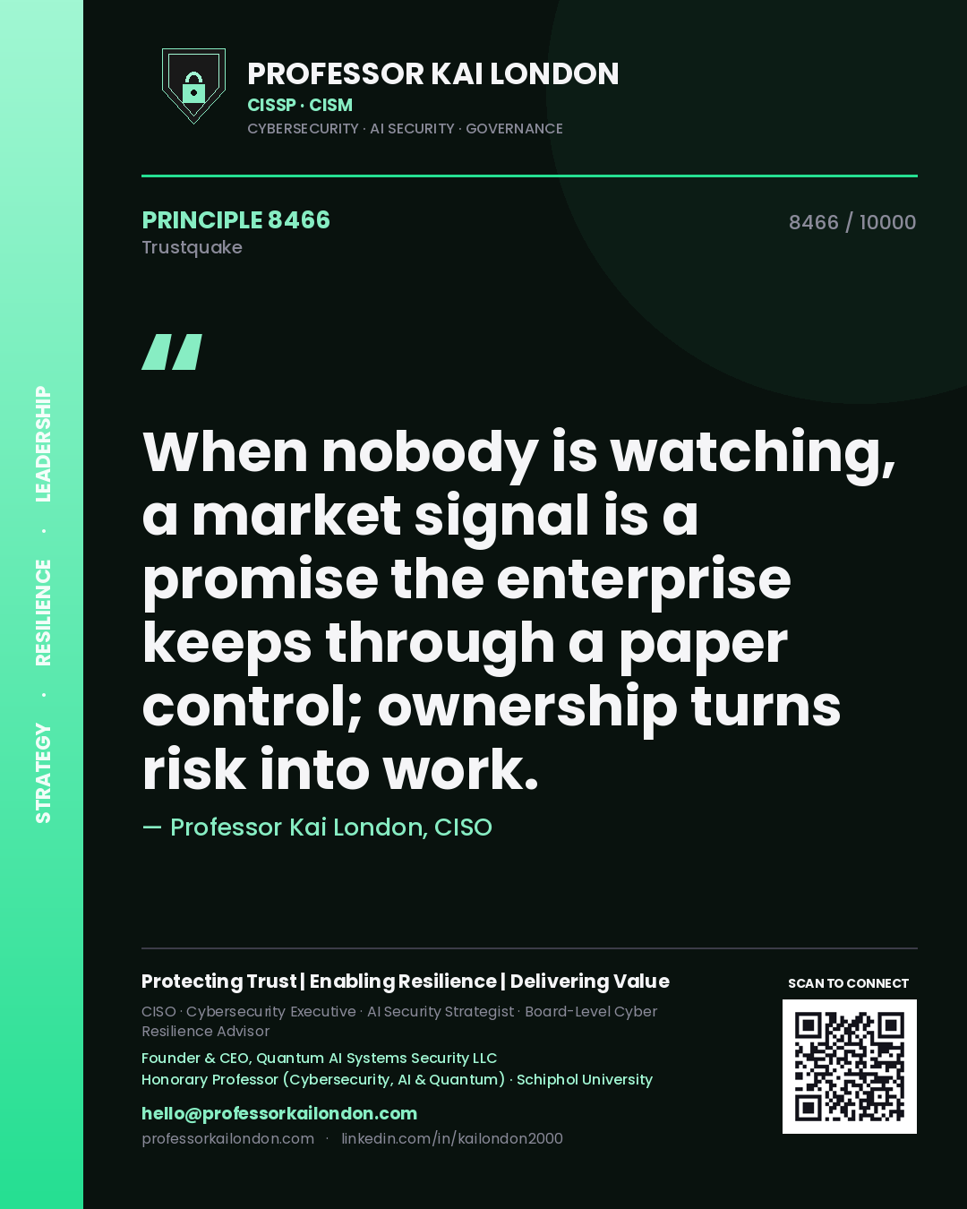 Quote card by Professor Kai London reading 'When nobody is watching, a market signal is a promise the enterprise keeps through a paper control; ownership turns risk into work.'. From the book Trustquake.