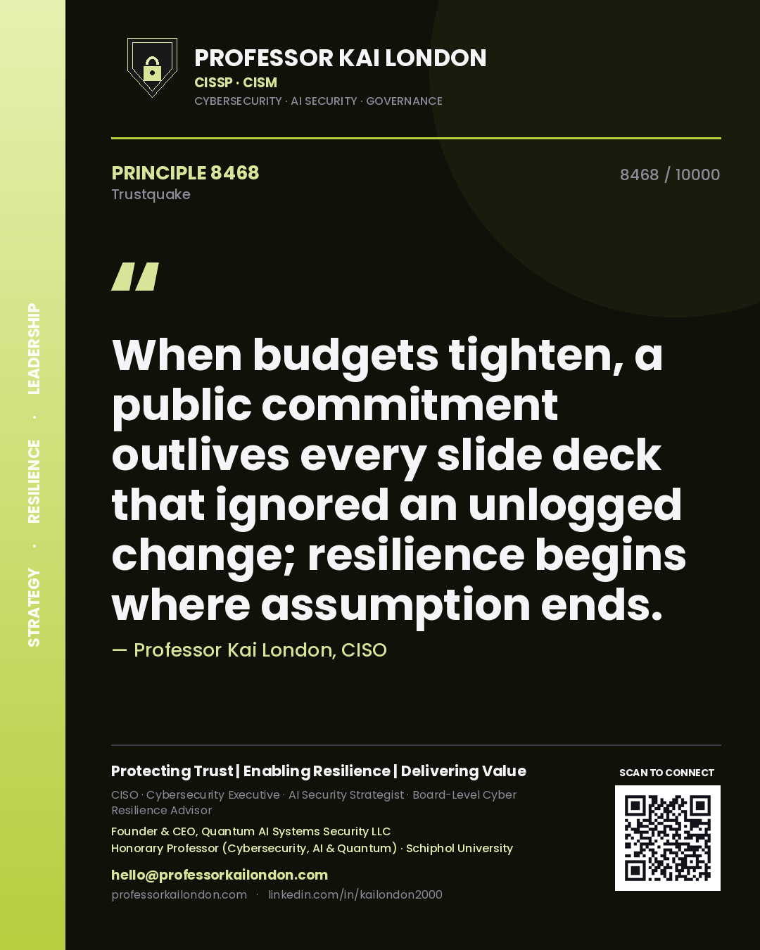Professor Kai London principle 8468: When budgets tighten, a public commitment outlives every slide deck that ignored an unlogged change; resilience begins where assumption ends.