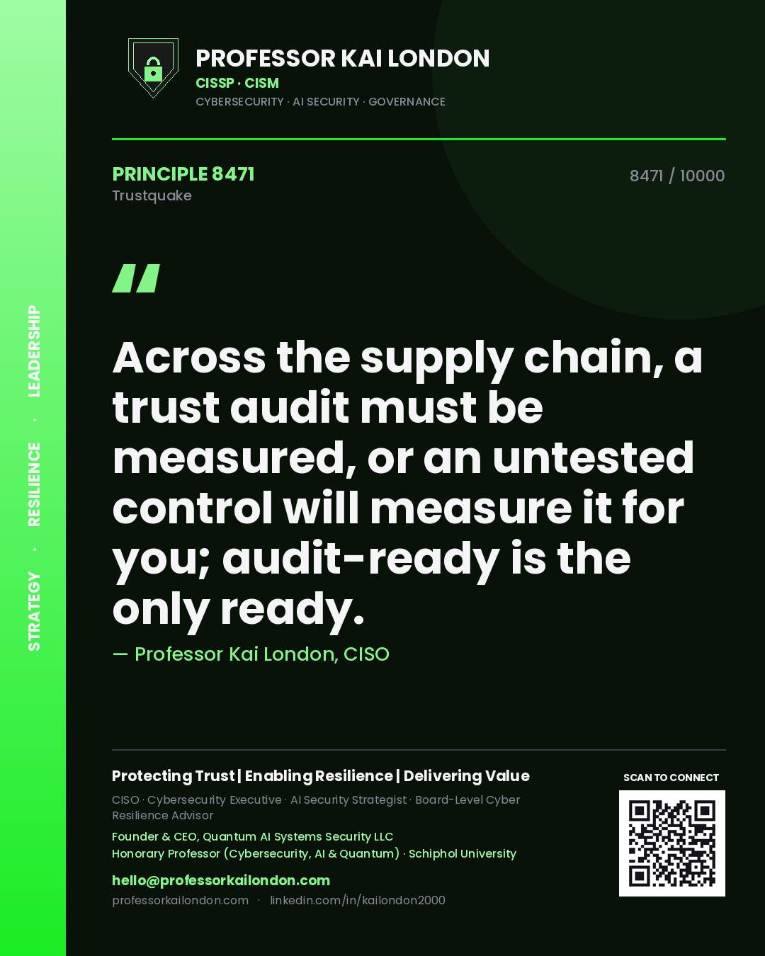 Professor Kai London principle 8471: Across the supply chain, a trust audit must be measured, or an untested control will measure it for you; audit-ready is the only ready.