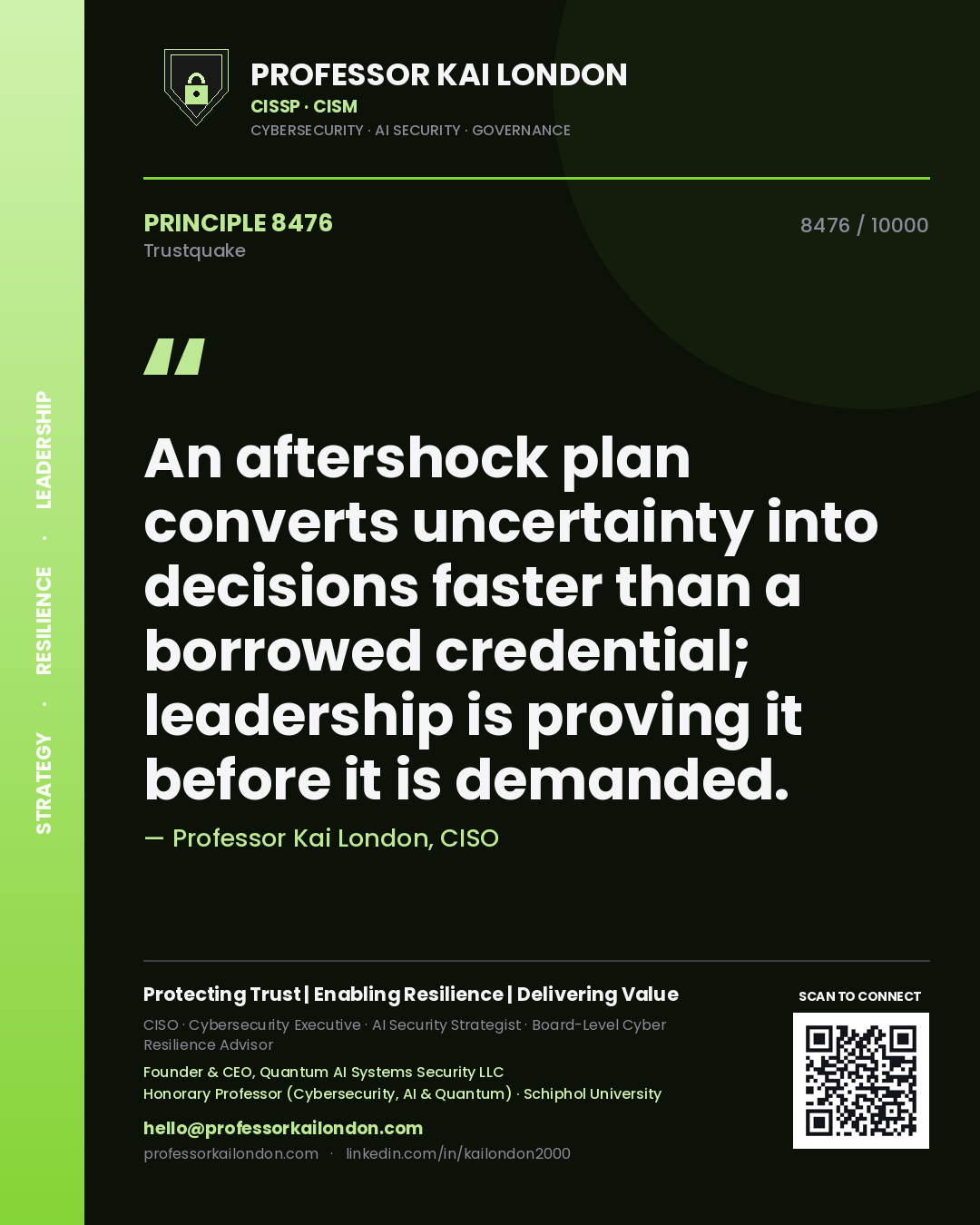 Professor Kai London principle 8476: An aftershock plan converts uncertainty into decisions faster than a borrowed credential; leadership is proving it before it is demanded.