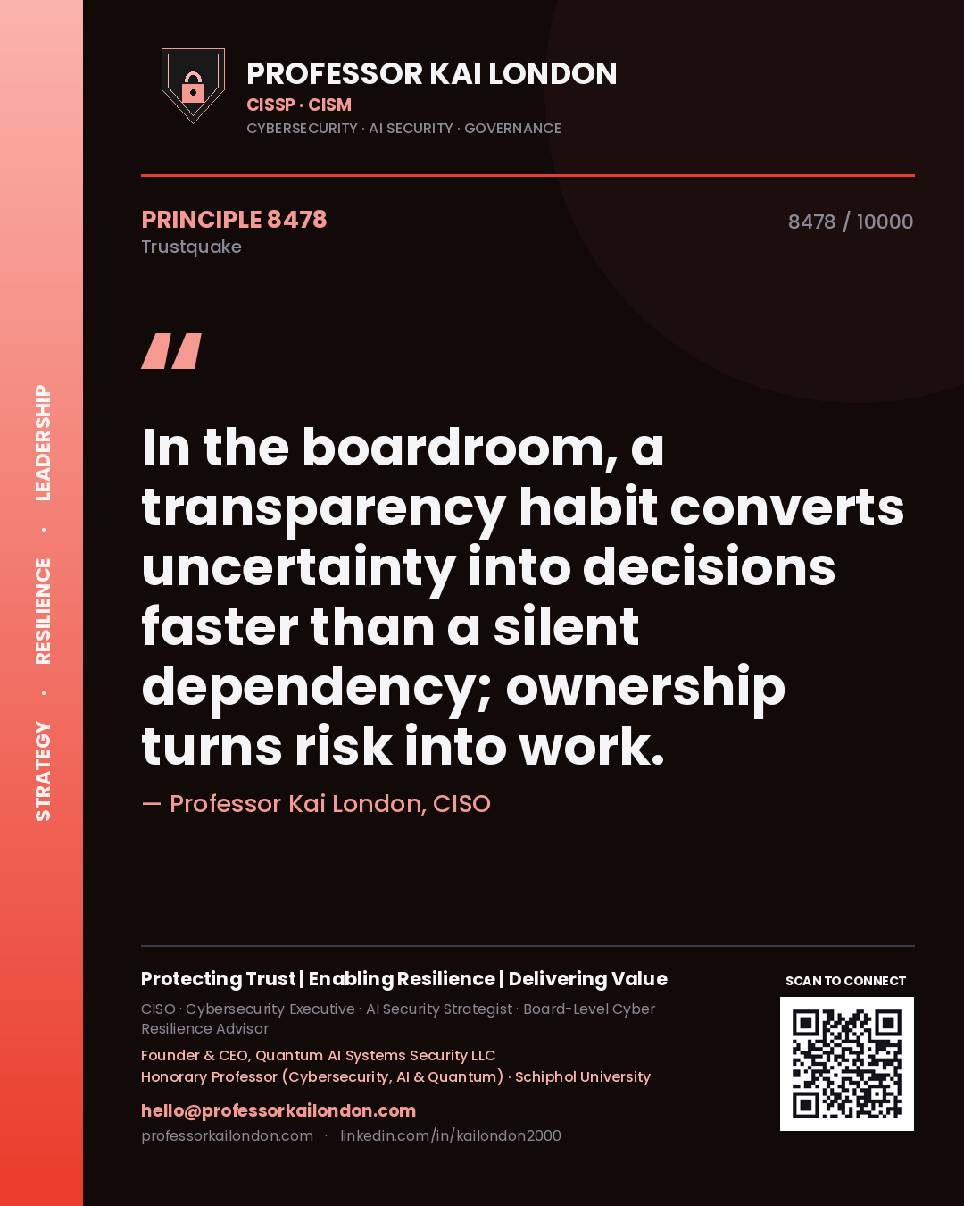 Professor Kai London principle 8478: In the boardroom, a transparency habit converts uncertainty into decisions faster than a silent dependency; ownership turns risk into work.