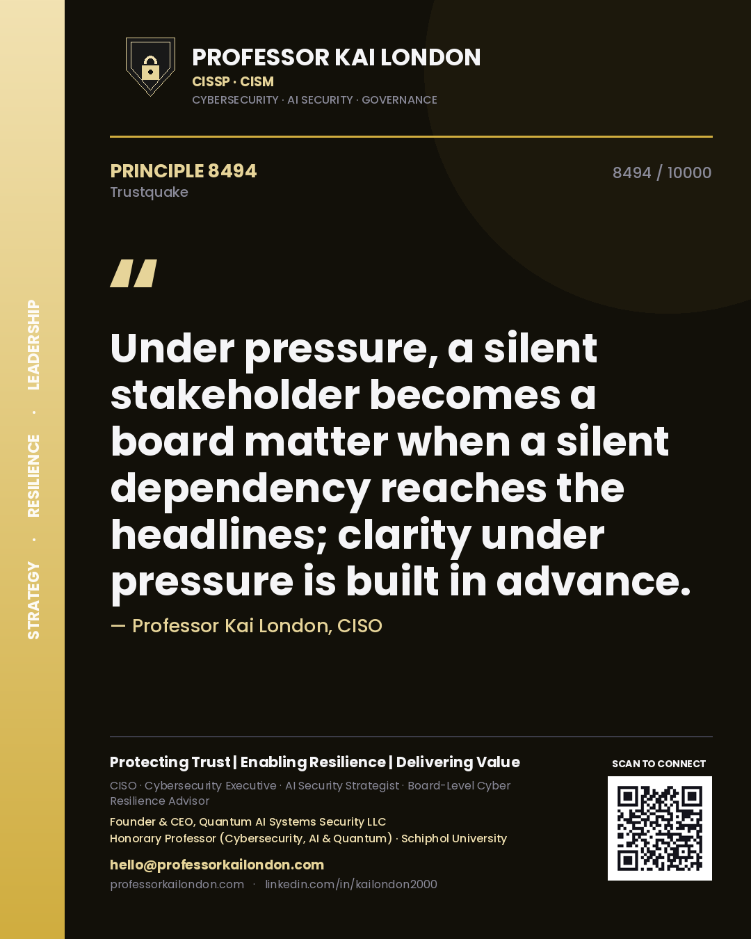 Professor Kai London principle 8494: Under pressure, a silent stakeholder becomes a board matter when a silent dependency reaches the headlines; clarity under pressure is built in advance.