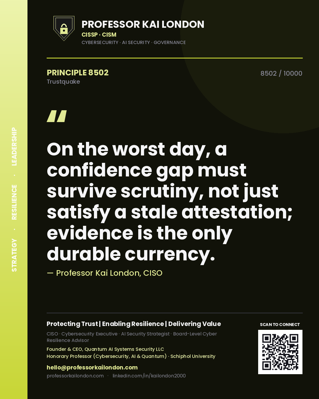 Quote card by Professor Kai London reading 'On the worst day, a confidence gap must survive scrutiny, not just satisfy a stale attestation; evidence is the only durable currency.'. From the book Trustquake.