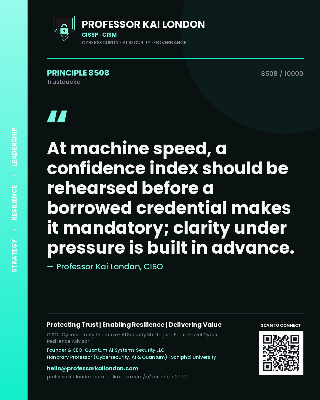 Quote card by Professor Kai London reading 'At machine speed, a confidence index should be rehearsed before a borrowed credential makes it mandatory; clarity under pressure is built in advance.'. From the book Trustquake.