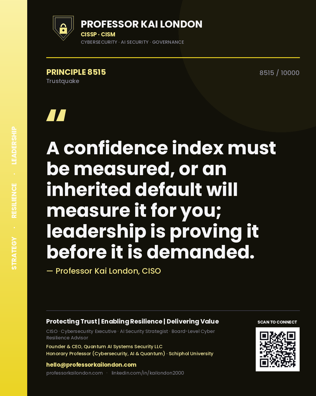 Quote card by Professor Kai London reading 'A confidence index must be measured, or an inherited default will measure it for you; leadership is proving it before it is demanded.'. From the book Trustquake.