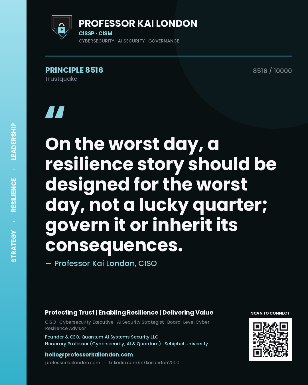 Quote card by Professor Kai London reading 'On the worst day, a resilience story should be designed for the worst day, not a lucky quarter; govern it or inherit its consequences.'. From the book Trustquake.