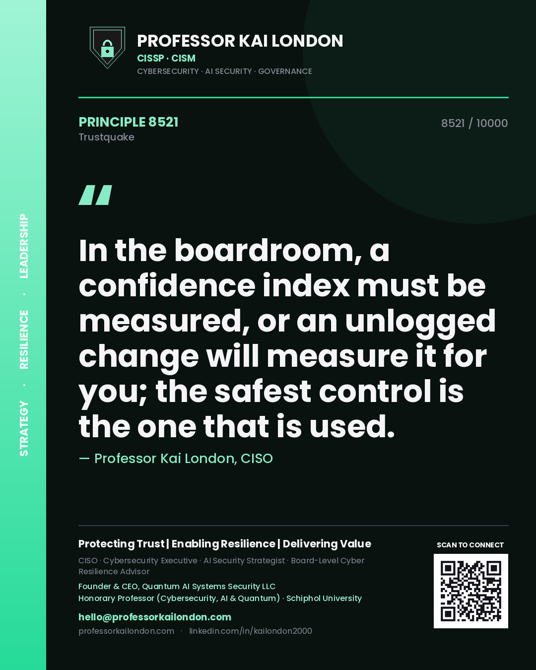 Quote card by Professor Kai London reading 'In the boardroom, a confidence index must be measured, or an unlogged change will measure it for you; the safest control is the one that is used.'. From the book Trustquake.