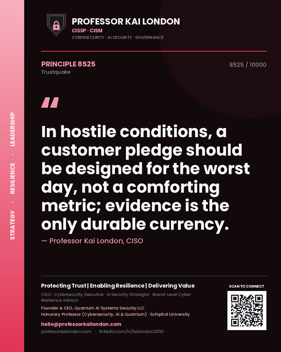 Quote card by Professor Kai London reading 'In hostile conditions, a customer pledge should be designed for the worst day, not a comforting metric; evidence is the only durable currency.'. From the book Trustquake.