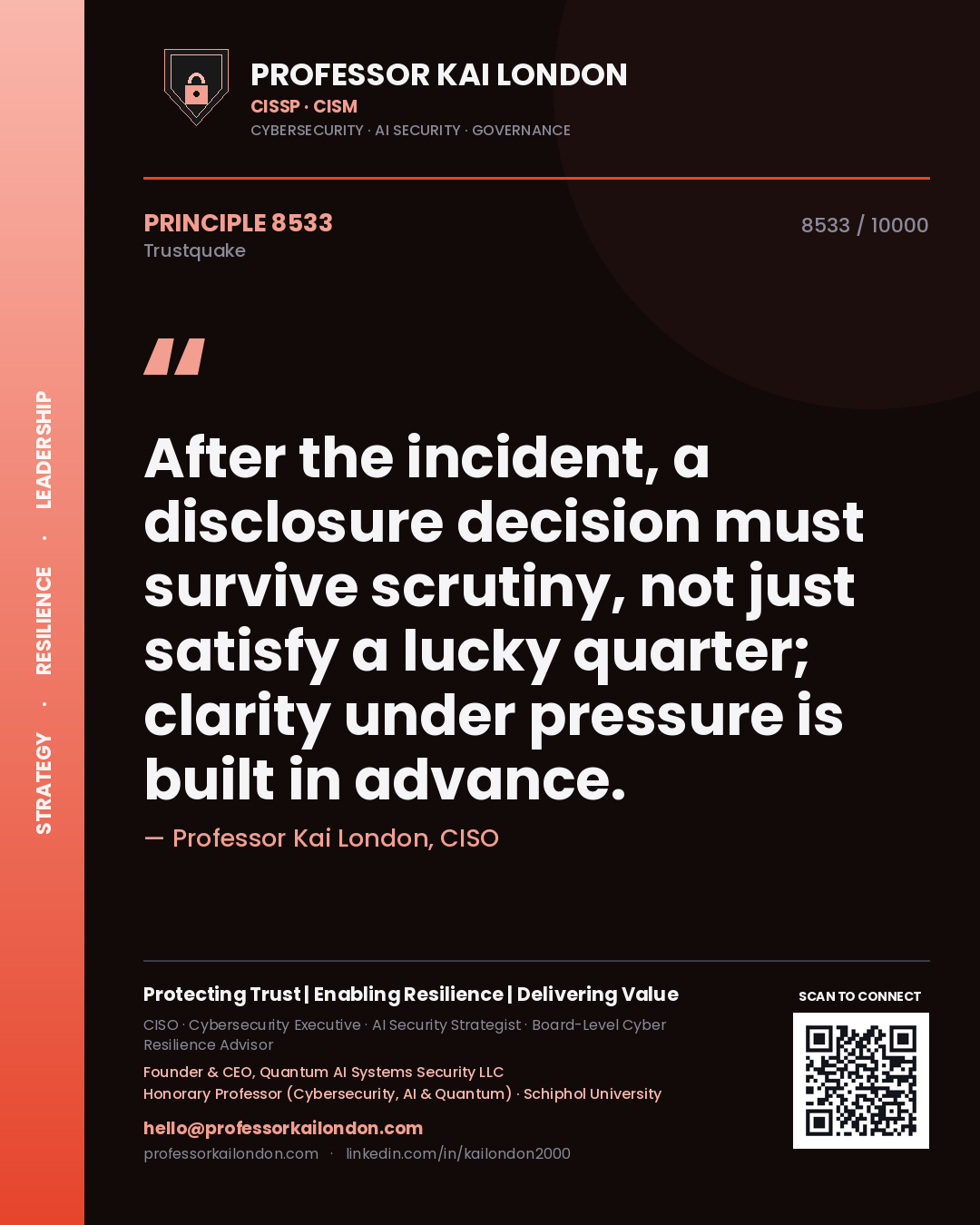Quote card by Professor Kai London reading 'After the incident, a disclosure decision must survive scrutiny, not just satisfy a lucky quarter; clarity under pressure is built in advance.'. From the book Trustquake.