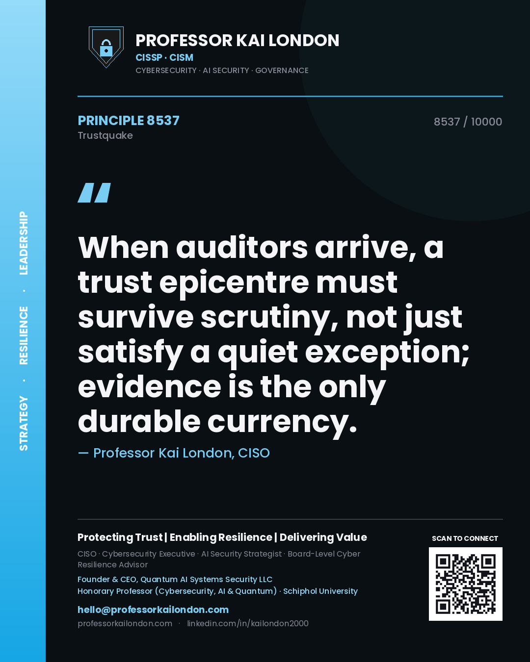 Professor Kai London principle 8537: When auditors arrive, a trust epicentre must survive scrutiny, not just satisfy a quiet exception; evidence is the only durable currency.