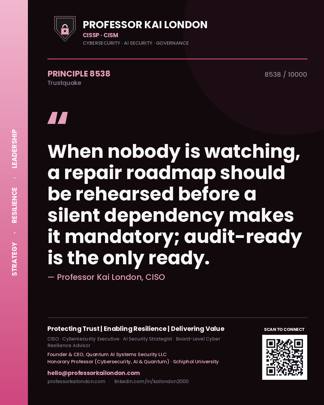 Quote card by Professor Kai London reading 'When nobody is watching, a repair roadmap should be rehearsed before a silent dependency makes it mandatory; audit-ready is the only ready.'. From the book Trustquake.