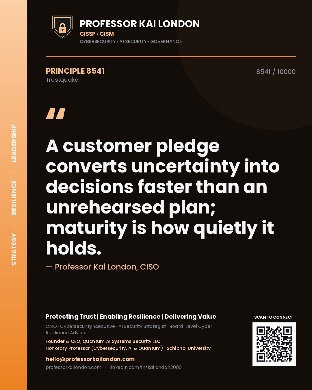 Professor Kai London principle 8541: A customer pledge converts uncertainty into decisions faster than an unrehearsed plan; maturity is how quietly it holds.