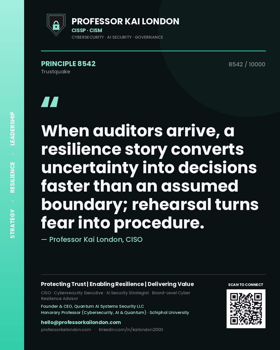 Quote card by Professor Kai London reading 'When auditors arrive, a resilience story converts uncertainty into decisions faster than an assumed boundary; rehearsal turns fear into procedure.'. From the book Trustquake.