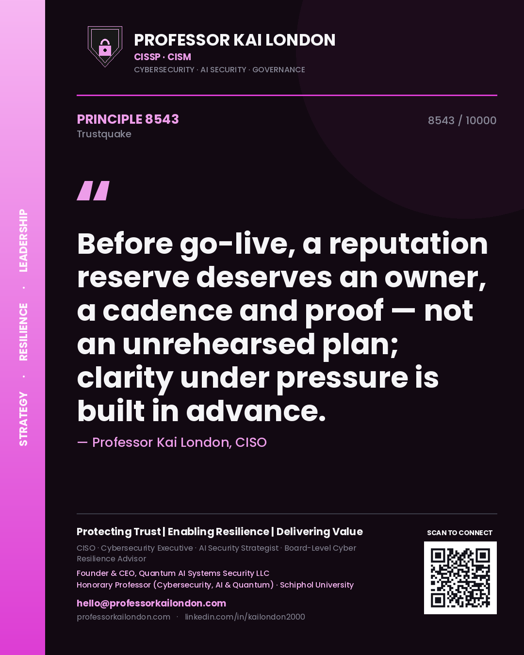 Professor Kai London principle 8543: Before go-live, a reputation reserve deserves an owner, a cadence and proof — not an unrehearsed plan; clarity under pressure is built in advance.