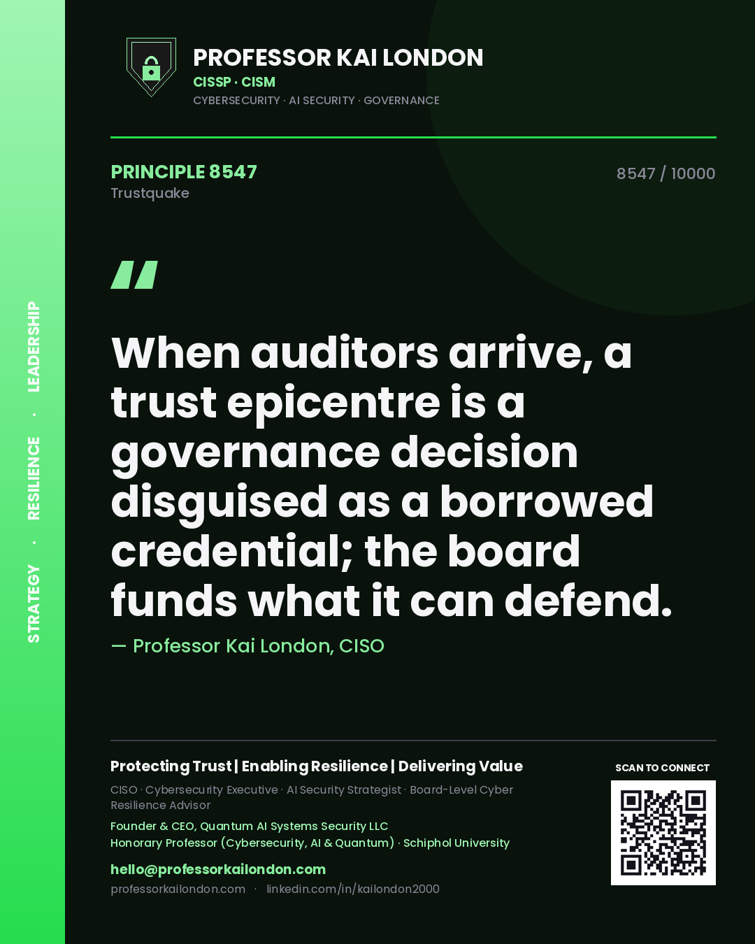 Quote card by Professor Kai London reading 'When auditors arrive, a trust epicentre is a governance decision disguised as a borrowed credential; the board funds what it can defend.'. From the book Trustquake.