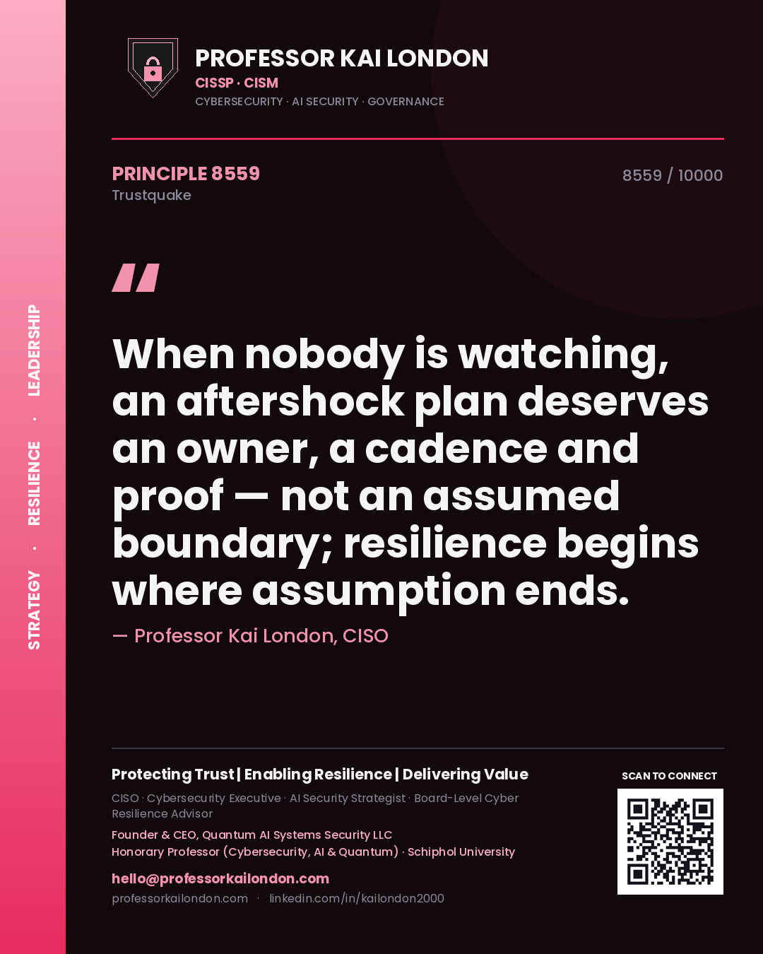 Quote card by Professor Kai London reading 'When nobody is watching, an aftershock plan deserves an owner, a cadence and proof — not an assumed boundary; resilience begins where assumption ends.'. From the book Trustquake.