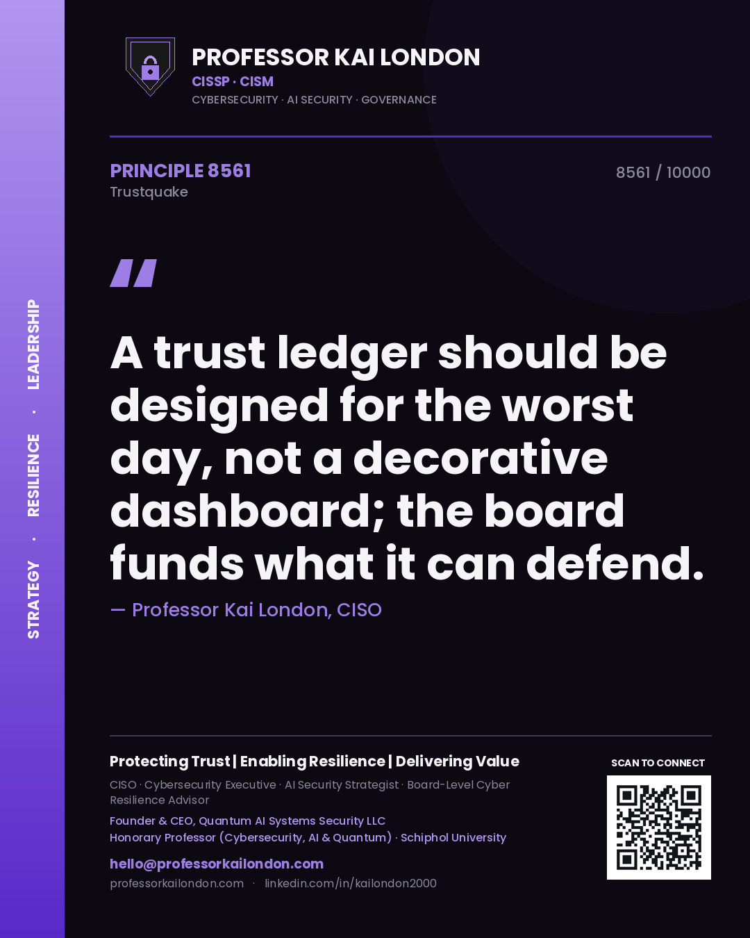Quote card by Professor Kai London reading 'A trust ledger should be designed for the worst day, not a decorative dashboard; the board funds what it can defend.'. From the book Trustquake.
