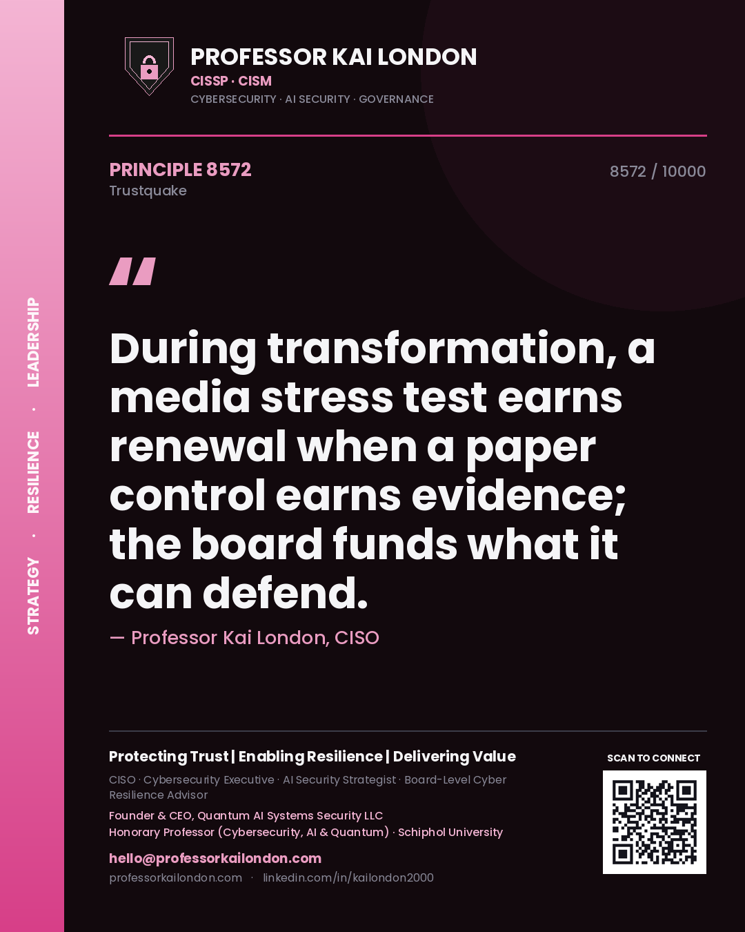 Quote card by Professor Kai London reading 'During transformation, a media stress test earns renewal when a paper control earns evidence; the board funds what it can defend.'. From the book Trustquake.