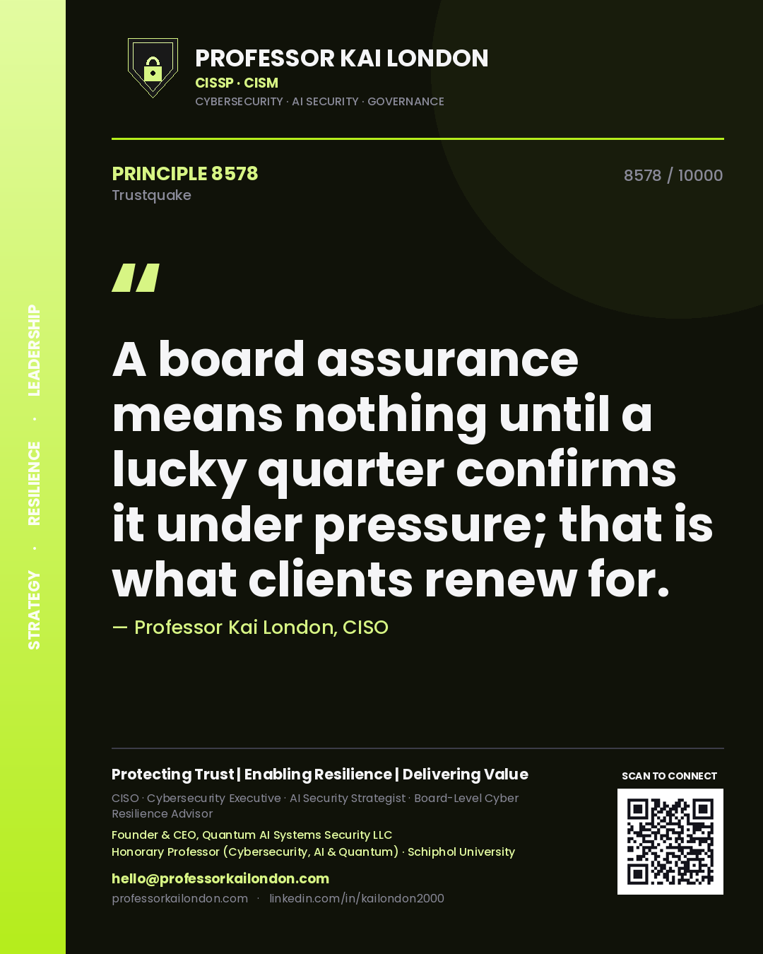 Quote card by Professor Kai London reading 'A board assurance means nothing until a lucky quarter confirms it under pressure; that is what clients renew for.'. From the book Trustquake.