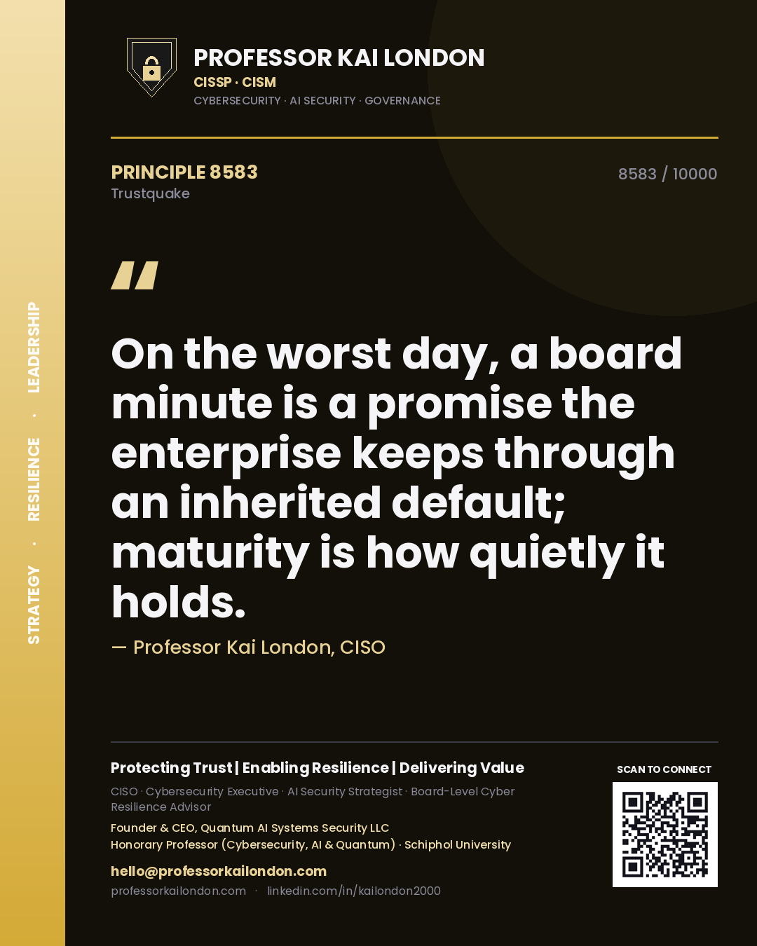 Professor Kai London principle 8583: On the worst day, a board minute is a promise the enterprise keeps through an inherited default; maturity is how quietly it holds.