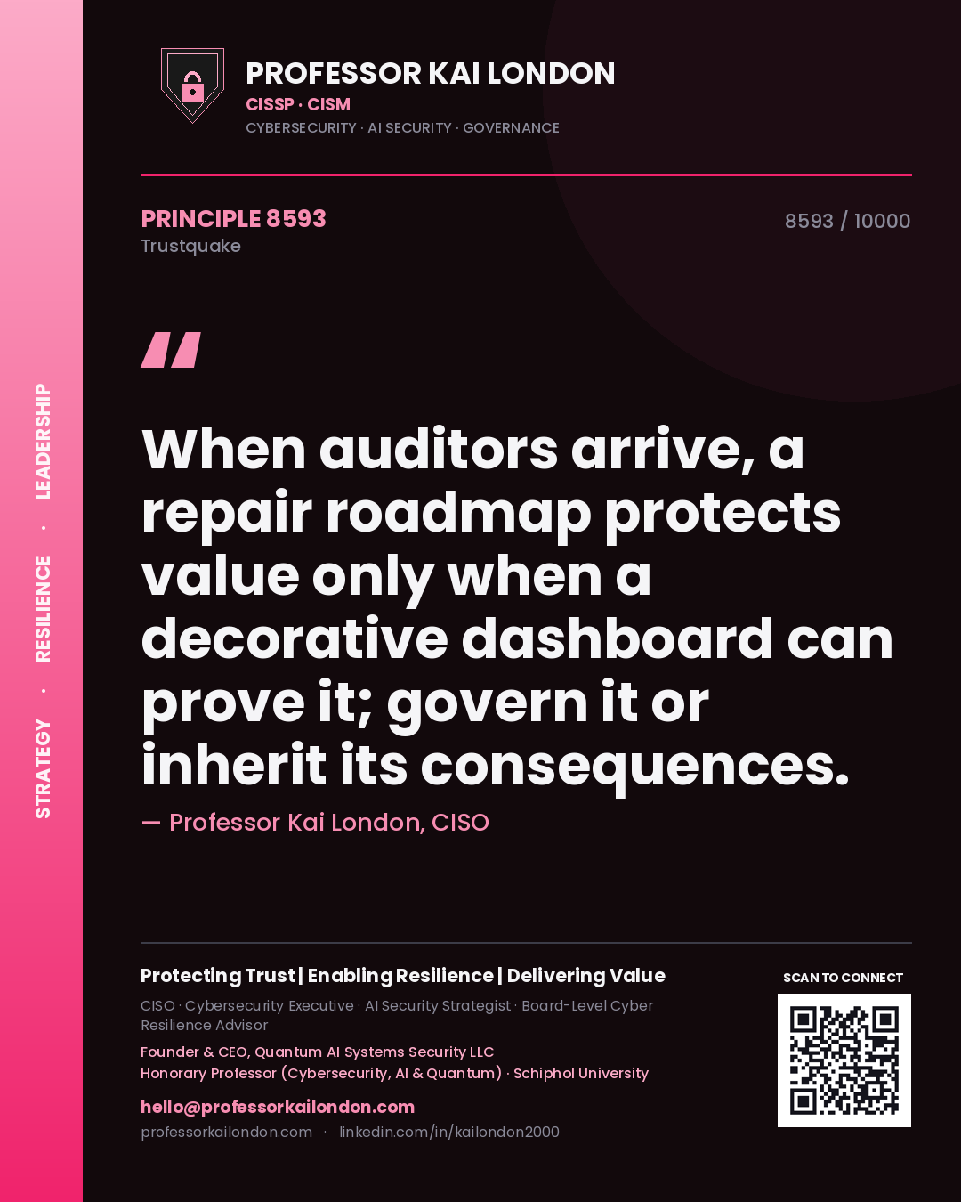 Quote card by Professor Kai London reading 'When auditors arrive, a repair roadmap protects value only when a decorative dashboard can prove it; govern it or inherit its consequences.'. From the book Trustquake.