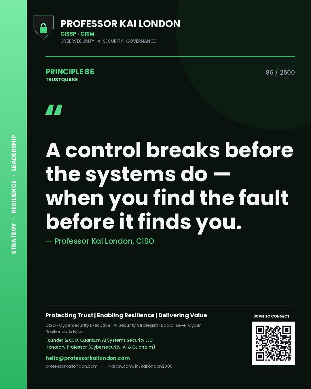 Quote card by Professor Kai London reading 'A control breaks before the systems do — when you find the fault before it finds you.'. From the book Trustquake.